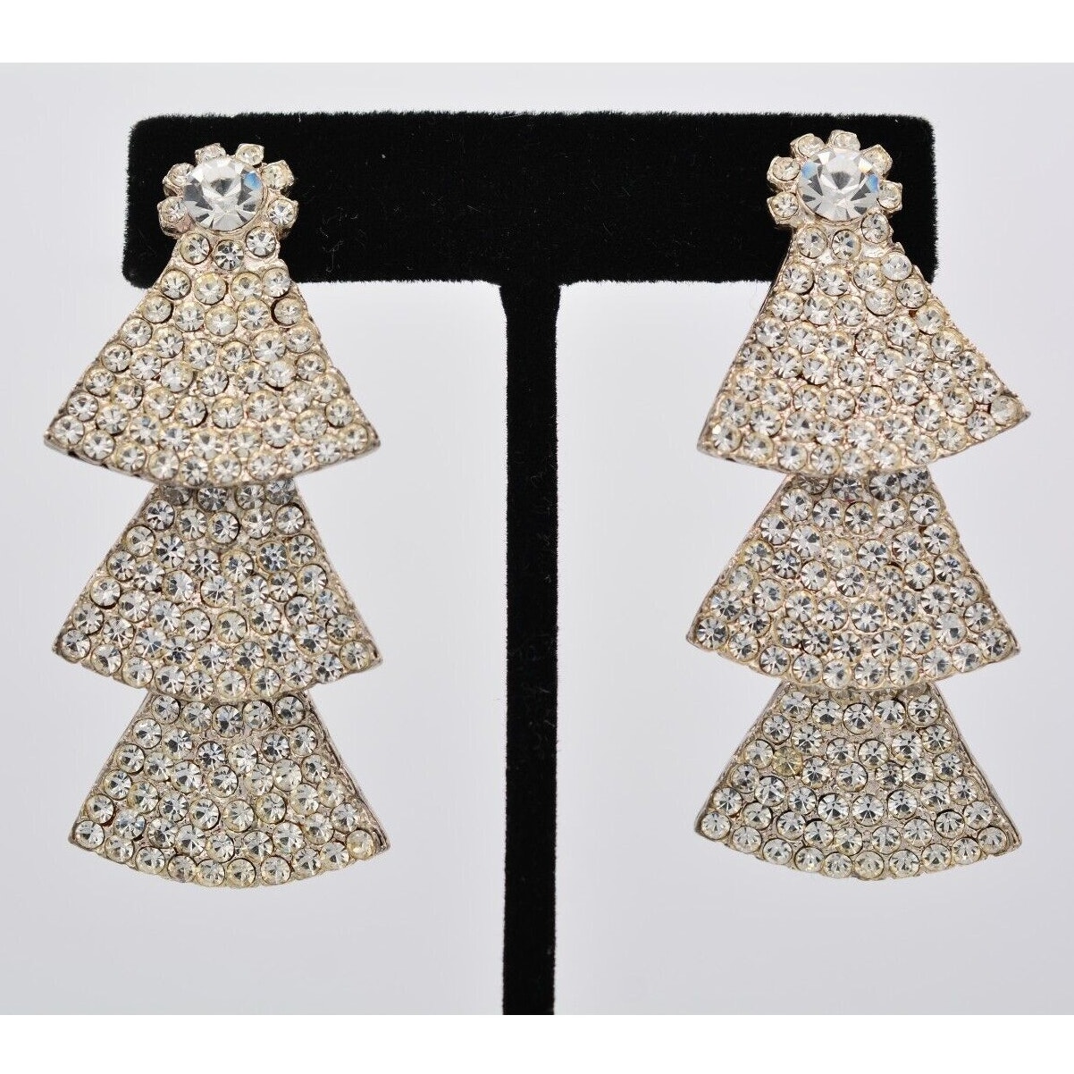 Tara Vintage Crystal Clip On Earrings Dangle Rhinestone Prong Chunky Signed Bin8 50$
